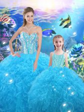  Baby Blue Sleeveless Floor Length Beading and Ruffles Lace Up 15th Birthday Dress