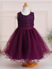  Knee Length Burgundy Little Girls Pageant Dress Tulle Sleeveless Appliques