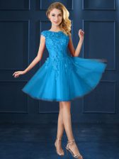  Bateau Cap Sleeves Lace Up Damas Dress Baby Blue Tulle