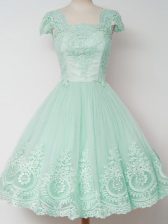  Knee Length Zipper Quinceanera Court Dresses Apple Green for Prom and Party and Wedding Party with Lace