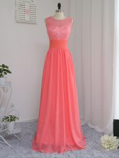 Admirable Watermelon Red Empire Chiffon Scoop Sleeveless Lace Floor Length Zipper Damas Dress