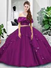Top Selling Floor Length Two Pieces Sleeveless Eggplant Purple Quinceanera Dress Lace Up