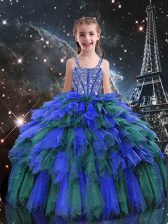 Cute Blue Sleeveless Tulle Lace Up Little Girls Pageant Gowns for Quinceanera and Wedding Party
