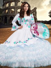 Deluxe Aqua Blue Organza Lace Up Square Long Sleeves Floor Length 15th Birthday Dress Embroidery and Ruffled Layers