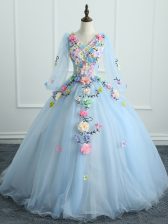  Light Blue Ball Gowns Appliques and Hand Made Flower Sweet 16 Dress Lace Up Tulle Long Sleeves Floor Length