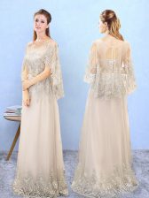  Tulle Half Sleeves Floor Length Court Dresses for Sweet 16 and Beading and Appliques
