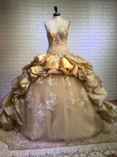 Attractive Gold Quinceanera Gowns Sweetheart Sleeveless Court Train Lace Up