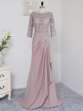 Glittering Beading and Lace and Appliques Homecoming Dress Pink Zipper Half Sleeves Brush Train
