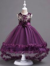 Dark Purple Scoop Zipper Appliques and Hand Made Flower Kids Formal Wear Sleeveless