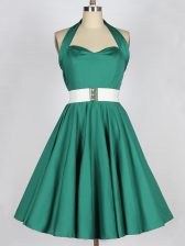 Beauteous Dark Green Taffeta Lace Up Halter Top Sleeveless Knee Length Quinceanera Court Dresses Belt