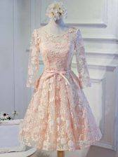 Comfortable Knee Length Peach Dress for Prom Scoop Long Sleeves Lace Up