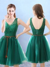  Green V-neck Backless Lace Dama Dress Sleeveless