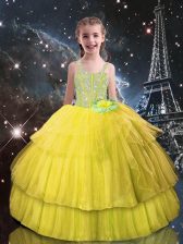 Latest Light Yellow Lace Up Girls Pageant Dresses Beading and Ruffled Layers Sleeveless Floor Length
