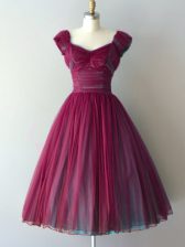  Burgundy Cap Sleeves Knee Length Ruching Lace Up Quinceanera Court of Honor Dress