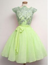  Cap Sleeves Lace and Belt Lace Up Quinceanera Court of Honor Dress