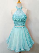  Halter Top Sleeveless Organza Quinceanera Dama Dress Beading Lace Up
