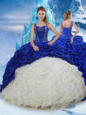  Blue And White Lace Up Quinceanera Dress Ruffled Layers and Pick Ups Sleeveless Brush Train