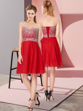 Inexpensive Beading Red Lace Up Sleeveless Knee Length