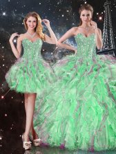 Trendy Apple Green Ball Gowns Organza Sweetheart Sleeveless Beading and Ruffles Floor Length Lace Up Quinceanera Dress