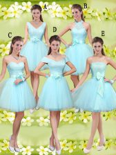  Aqua Blue Tulle Lace Up Sweetheart Sleeveless Knee Length Quinceanera Dama Dress Lace and Belt