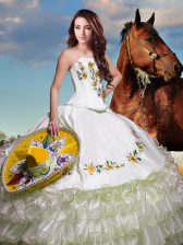 Flare White Ball Gowns Embroidery and Ruffled Layers 15 Quinceanera Dress Lace Up Taffeta Sleeveless Floor Length