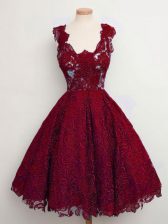 Hot Selling Wine Red Straps Lace Up Lace Damas Dress Sleeveless