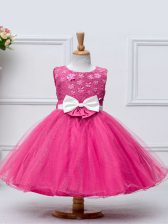 Nice Hot Pink Ball Gowns Lace and Bowknot Child Pageant Dress Zipper Tulle Sleeveless Knee Length