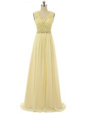  Floor Length Light Yellow Homecoming Dress Chiffon Sleeveless Beading and Lace and Appliques
