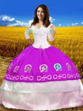 Chic Floor Length Fuchsia Quinceanera Gown Off The Shoulder 3 4 Length Sleeve Lace Up