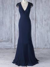  V-neck Cap Sleeves Side Zipper Dama Dress Navy Blue Chiffon