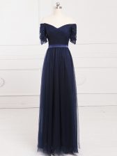 New Arrival Floor Length Navy Blue Damas Dress Tulle Short Sleeves Ruching