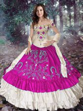  Floor Length Fuchsia Vestidos de Quinceanera Off The Shoulder Sleeveless Lace Up