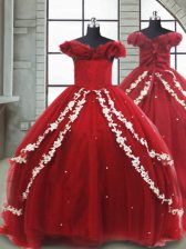 Luxurious Off The Shoulder Sleeveless Brush Train Lace Up Little Girl Pageant Dress Wine Red Tulle