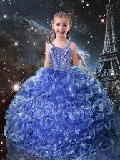 Custom Designed Blue Little Girl Pageant Gowns Quinceanera and Wedding Party with Beading and Ruffles Straps Sleeveless Lace Up