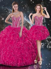 Classical Sleeveless Floor Length Beading and Ruffles Lace Up Quince Ball Gowns with Hot Pink