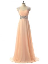 Lovely Peach V-neck Lace Up Beading Homecoming Dress Cap Sleeves
