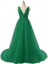 Fine Dark Green Sleeveless Organza Brush Train Backless Prom Party Dress for Prom and Party and Military Ball