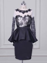  Scoop Long Sleeves Prom Dresses Mini Length Lace and Appliques Black Satin