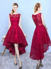 Eye-catching Burgundy A-line Lace Dama Dress Zipper Lace Sleeveless High Low