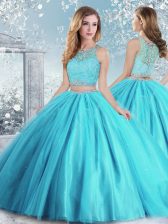 Flirting Tulle Scoop Sleeveless Clasp Handle Beading and Sequins Quinceanera Dress in Aqua Blue