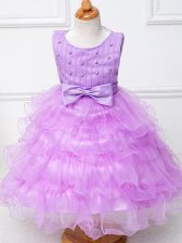 Most Popular Organza Scoop Sleeveless Zipper Ruffled Layers and Bowknot Little Girls Pageant Dress Wholesale in Lilac