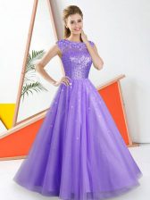 Beautiful Lavender A-line Bateau Sleeveless Tulle Floor Length Backless Beading and Lace Dama Dress for Quinceanera