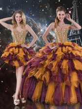 On Sale Floor Length Lace Up 15 Quinceanera Dress Multi-color for Military Ball and Sweet 16 and Quinceanera with Beading and Ruffles and Ruffled Layers