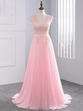 Modern Sleeveless Appliques Side Zipper Prom Gown with Baby Pink Brush Train