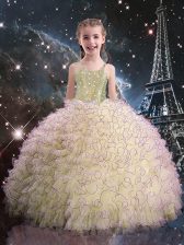 Stylish Organza Straps Sleeveless Lace Up Beading and Ruffles Little Girl Pageant Dress in Light Yellow