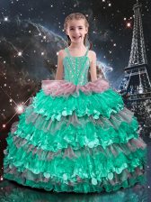  Turquoise Organza Lace Up Straps Sleeveless Floor Length Kids Pageant Dress Beading and Ruffled Layers