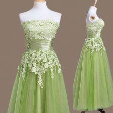  Tulle Sleeveless Tea Length Dama Dress and Appliques