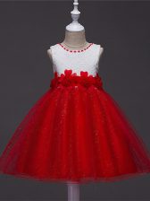  Wine Red Tulle Zipper Scoop Sleeveless Knee Length Girls Pageant Dresses Lace and Hand Made Flower