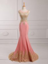 Simple Watermelon Red Mermaid Chiffon Scoop Sleeveless Lace and Appliques Side Zipper Brush Train