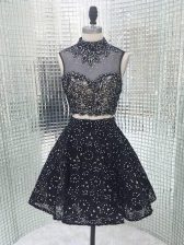 New Arrival Black High-neck Backless Beading and Lace and Appliques Prom Party Dress Sleeveless